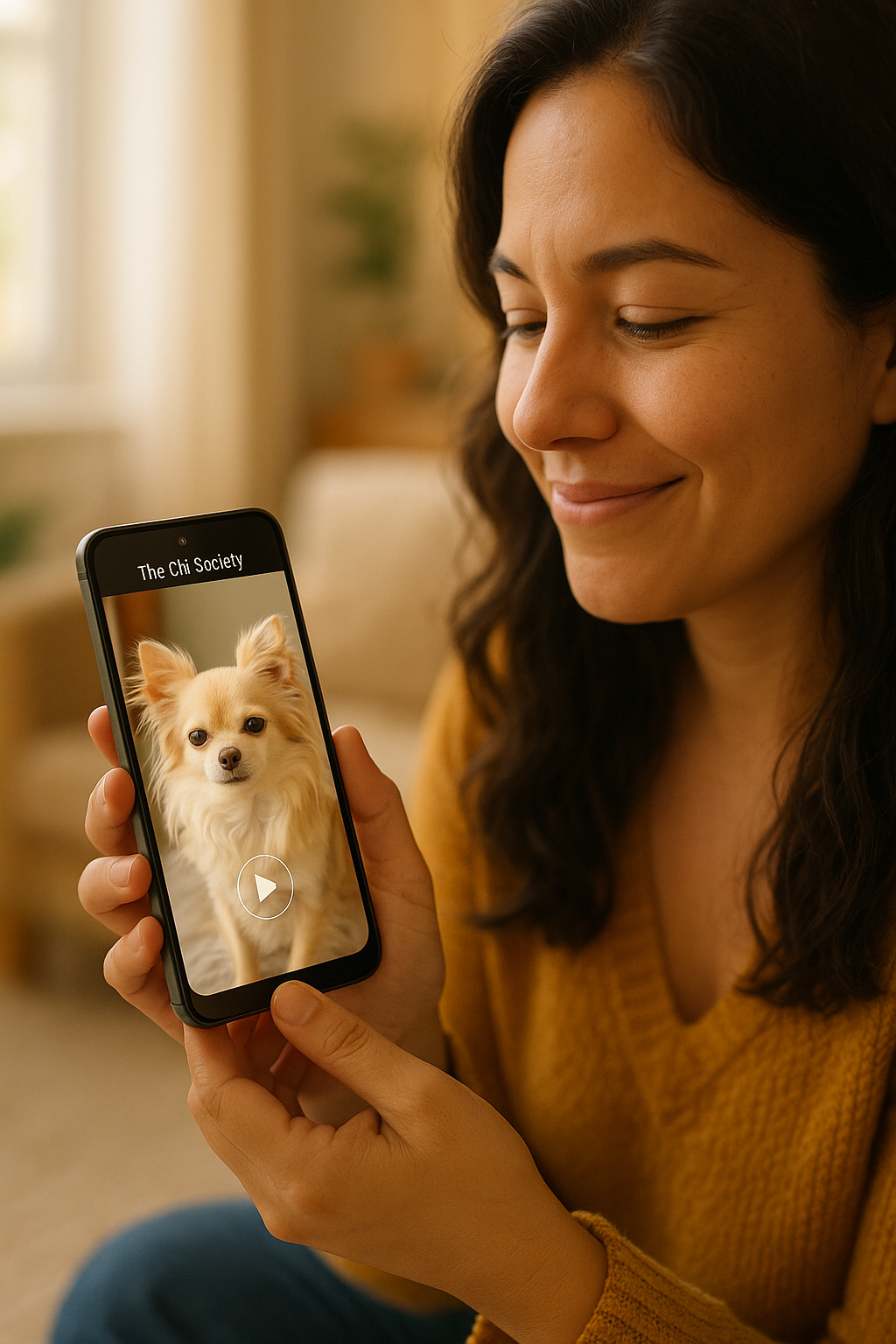 Woman holding phone looking at screen.